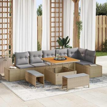 ARDEBO.de - 9-teiliges Garten Sofaset mit Kissen Beige Poly Rattan Akazie, 2-Sitzer Garten Sofa mit Kissen Beige Poly Rattan, 3-teilige Garten Essgruppe mit Kissen Beige Poly Rattan Akazie