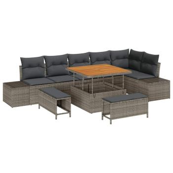9-teiliges Garten-Sofa-Set mit Kissen Grau Poly-Rattan Akazie, 2-Sitzer Garten-Sofa mit Kissen Grau Poly-Rattan, 3-teiliges Garten-Dining-Set mit Kissen Grau Poly-Rattan Akazie