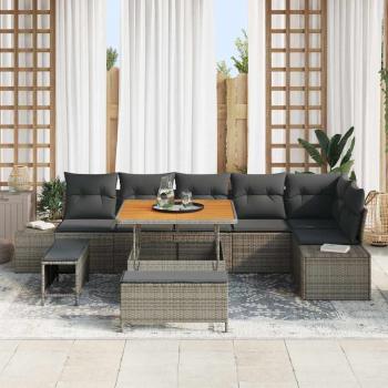 9-teiliges Garten-Sofa-Set mit Kissen Grau Poly-Rattan Akazie, 2-Sitzer Garten-Sofa mit Kissen Grau Poly-Rattan, 3-teiliges Garten-Dining-Set mit Kissen Grau Poly-Rattan Akazie