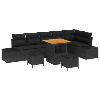 ARDEBO.de - 9-teiliges Garten Sofa Set mit Kissen Schwarz Poly Rattan Akazie, 2-Sitzer Garten Sofa mit Kissen Schwarz Poly Rattan, 3-teiliges Garten Essset mit Kissen Schwarz Poly Rattan Akazie
