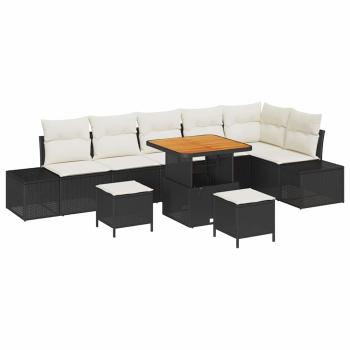 9-teiliges Garten-Sofa-Set mit Kissen Schwarz Poly Rattan Akazie, 2-Sitzer Garten-Sofa mit Kissen Schwarz Poly Rattan, 3-teiliges Garten-Dining-Set mit Kissen Schwarz Poly Rattan Akazie