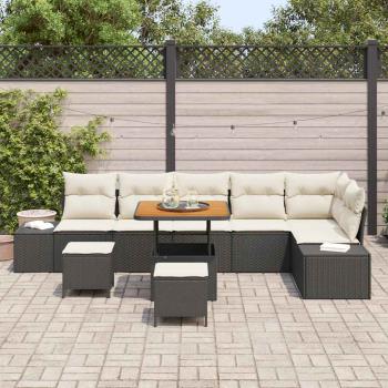 9-teiliges Garten-Sofa-Set mit Kissen Schwarz Poly Rattan Akazie, 2-Sitzer Garten-Sofa mit Kissen Schwarz Poly Rattan, 3-teiliges Garten-Dining-Set mit Kissen Schwarz Poly Rattan Akazie