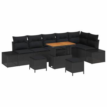 9-teiliges Garten-Sofa-Set mit Kissen Schwarz Poly-Rattan Akazie, 2-Sitzer Garten-Sofa mit Kissen Schwarz Poly-Rattan, 3-teiliges Garten-Ess-Set mit Kissen Schwarz Poly-Rattan Akazie