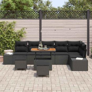 9-teiliges Garten-Sofa-Set mit Kissen Schwarz Poly-Rattan Akazie, 2-Sitzer Garten-Sofa mit Kissen Schwarz Poly-Rattan, 3-teiliges Garten-Ess-Set mit Kissen Schwarz Poly-Rattan Akazie