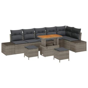 9-teiliges Garten Sofa Set mit Kissen Grau Poly Rattan Akazie, 2-Sitzer Garten Sofa mit Kissen Grau Poly Rattan, 3-teiliges Garten Esstisch Set mit Kissen Grau Poly Rattan Akazie
