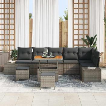 9-teiliges Garten Sofa Set mit Kissen Grau Poly Rattan Akazie, 2-Sitzer Garten Sofa mit Kissen Grau Poly Rattan, 3-teiliges Garten Esstisch Set mit Kissen Grau Poly Rattan Akazie