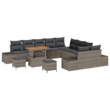 13-teiliges Garten-Sofa-Set mit Kissen Grau Poly-Rattan Akazie, 2-Sitzer Garten-Sofa mit Kissen Grau Poly-Rattan, 3-teiliges Garten-Ess-Set mit Kissen Grau Poly-Rattan Akazie