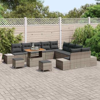 13-teiliges Garten-Sofa-Set mit Kissen Grau Poly-Rattan Akazie, 2-Sitzer Garten-Sofa mit Kissen Grau Poly-Rattan, 3-teiliges Garten-Ess-Set mit Kissen Grau Poly-Rattan Akazie