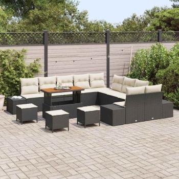 14-teiliges Garten Sofa Set mit Kissen Schwarz Poly Rattan Akazie, 2-Sitzer Garten Sofa mit Kissen Schwarz Poly Rattan, 4-teilige Garten Essgruppe mit Kissen Schwarz Poly Rattan Akazie