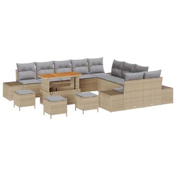 14-teilige Garten Sofa Set mit Kissen Beige Poly Rattan Akazie, 2-Sitzer Garten Sofa mit Kissen Beige Poly Rattan, 4-teiliges Garten Essset mit Kissen Beige Poly Rattan Akazie
