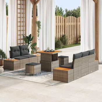 ARDEBO.de - 8-teiliges Garten-Sofaset mit Kissen Grau Poly-Rattan Akazie, 3-teiliges Garten-Essset mit Kissen Grau Poly-Rattan Akazie