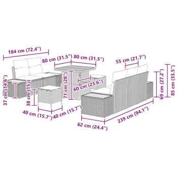 8-teiliges Garten-Sofaset mit Kissen Grau Poly-Rattan Akazie, 3-teiliges Garten-Essset mit Kissen Grau Poly-Rattan Akazie