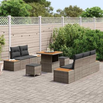 8-teiliges Garten-Sofaset mit Kissen Grau Poly-Rattan Akazie, 3-teiliges Garten-Essset mit Kissen Grau Poly-Rattan Akazie