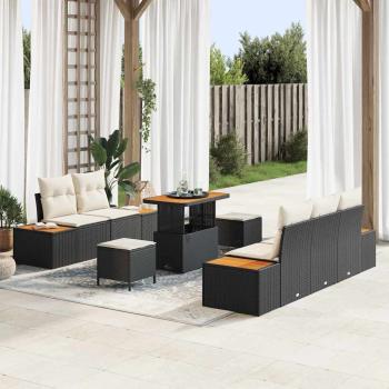 ARDEBO.de - 8-teiliges Garten Sofa Set mit Kissen Schwarz Poly Rattan Akazie, 3-teiliges Garten Essenset mit Kissen Schwarz Poly Rattan Akazie