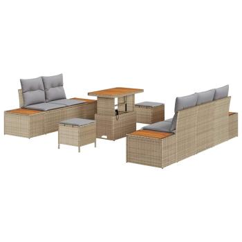 8-teiliges Garten-Sofa-Set mit Kissen Beige Poly Rattan Akazie, 3-teiliges Garten-Esszimmer-Set mit Kissen Beige Poly Rattan Akazie