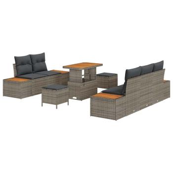 8-teiliges Garten Sofa Set mit Kissen Grau Poly Rattan Akazie, 3-teiliges Garten Essset mit Kissen Grau Poly Rattan Akazie