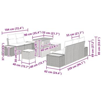 8-teiliges Garten Sofa Set mit Kissen Grau Poly Rattan Akazie, 3-teiliges Garten Essset mit Kissen Grau Poly Rattan Akazie