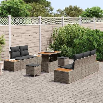 8-teiliges Garten Sofa Set mit Kissen Grau Poly Rattan Akazie, 3-teiliges Garten Essset mit Kissen Grau Poly Rattan Akazie