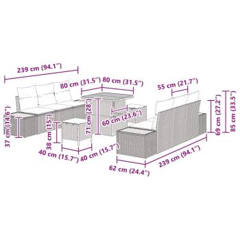 9-teiliges Garten-Sofa-Set mit Kissen Schwarz Poly-Rattan Akazie, 3-teiliges Garten-Ess-Set mit Kissen Schwarz Poly-Rattan Akazie