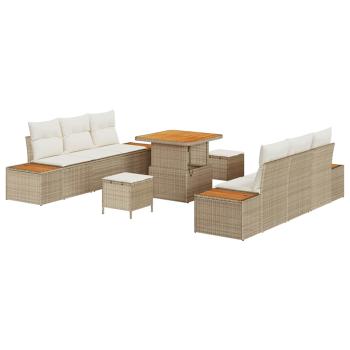 9-teiliges Garten Sofa Set mit Kissen Beige Poly Rattan Akazie, 3-teiliges Garten Esstisch Set mit Kissen Beige Poly Rattan Akazie