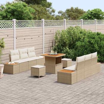 9-teiliges Garten Sofa Set mit Kissen Beige Poly Rattan Akazie, 3-teiliges Garten Esstisch Set mit Kissen Beige Poly Rattan Akazie