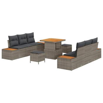 9-teiliges Garten Sofa Set mit Kissen Grau Poly Rattan Akazie, 3-teiliges Garten Essset mit Kissen Grau Poly Rattan Akazie