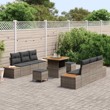 9-teiliges Garten Sofa Set mit Kissen Grau Poly Rattan Akazie, 3-teiliges Garten Essset mit Kissen Grau Poly Rattan Akazie