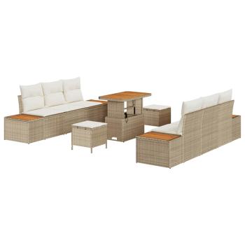 9-teiliges Garten-Sofa-Set mit Kissen Beige Poly Rattan, 3-teiliges Garten-Essbereich-Set mit Kissen Beige Poly Rattan