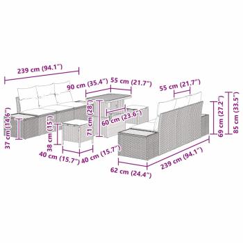 ARDEBO.de - 9-teiliges Garten Sofa Set mit Kissen Beige Poly Rattan Akazie, 3-teiliges Garten Esstischset mit Kissen Beige Poly Rattan Akazie