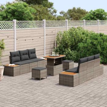 9-teiliges Garten Sofa Set mit Kissen Grau Poly Rattan Akazie, 3-teiliges Garten Esszimmer Set mit Kissen Grau Poly Rattan Akazie