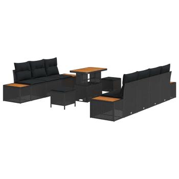 10-teiliges Garten Sofa Set mit Kissen Schwarz Poly Rattan Akazie, 3-teiliges Garten Ess Set mit Kissen Schwarz Poly Rattan Akazie