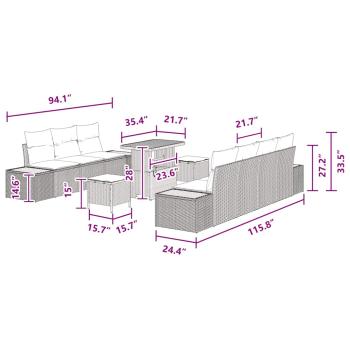 10-teiliges Garten Sofa Set mit Kissen Schwarz Poly Rattan Akazie, 3-teiliges Garten Ess Set mit Kissen Schwarz Poly Rattan Akazie