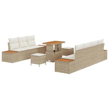 10-teiliges Garten-Sofa-Set mit Kissen Beige Poly Rattan Akazie, 3-teiliges Garten-Ess-Set mit Kissen Beige Poly Rattan Akazie