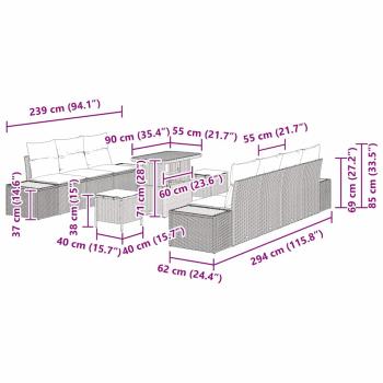 10-teiliges Garten-Sofa-Set mit Kissen Beige Poly Rattan Akazie, 3-teiliges Garten-Ess-Set mit Kissen Beige Poly Rattan Akazie