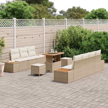 10-teiliges Garten-Sofa-Set mit Kissen Beige Poly Rattan Akazie, 3-teiliges Garten-Ess-Set mit Kissen Beige Poly Rattan Akazie