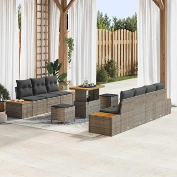 ARDEBO.de - 10-teiliges Garten-Sofa-Set mit Kissen Grau Poly Rattan Akazie, 3-teiliges Garten-Ess-Set mit Kissen Grau Poly Rattan Akazie