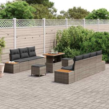 10-teiliges Garten-Sofa-Set mit Kissen Grau Poly Rattan Akazie, 3-teiliges Garten-Ess-Set mit Kissen Grau Poly Rattan Akazie