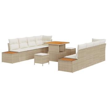 11-teiliges Garten Sofa Set mit Kissen Beige Poly Rattan Akazie, 3-teiliges Garten Esszimmer Set mit Kissen Beige Poly Rattan Akazie
