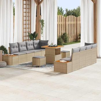 ARDEBO.de - 11-teiliges Garten Sofa Set mit Kissen Beige Poly Rattan Akazie, 3-teiliges Garten Essenset mit Kissen Beige Poly Rattan Akazie
