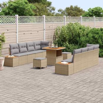 11-teiliges Garten Sofa Set mit Kissen Beige Poly Rattan Akazie, 3-teiliges Garten Essenset mit Kissen Beige Poly Rattan Akazie