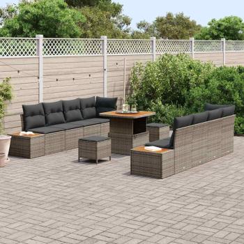 11-teiliges Garten Sofa Set mit Kissen Grau Poly Rattan Akazie, 3-teiliges Garten Esszimmer Set mit Kissen Grau Poly Rattan Akazie