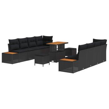 ARDEBO.de - 11-teiliges Garten Sofa Set mit Kissen Schwarz Poly Rattan Akazie, 3-teiliges Garten Essset mit Kissen Schwarz Poly Rattan Akazie