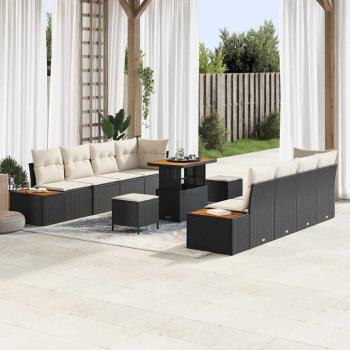 ARDEBO.de - 11-teiliges Garten Sofa Set mit Kissen, schwarzes Poly Rattan Akazie, 3-teiliges Garten Esstischset mit Kissen, schwarzes Poly Rattan Akazie