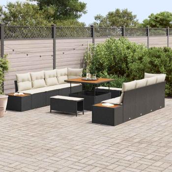 11-teiliges Gartensofaset mit Kissen Schwarz Poly-Rattan Akazie, 3-teiliges Gartenset mit Kissen Schwarz Poly-Rattan Akazie