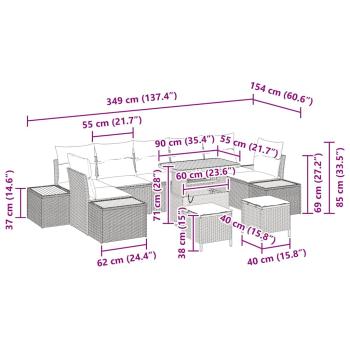 10-teiliges Garten Sofa Set mit Kissen grau Poly-Rattan Akazie, 3-teiliges Garten Ess Set mit Kissen grau Poly-Rattan Akazie