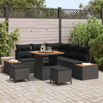 ARDEBO.de - 8-teiliges Garten-Sofa-Set mit Kissen Schwarz Poly-Rattan Akazie, 3-teiliges Garten-Essbereich-Set mit Kissen Schwarz Poly-Rattan Akazie