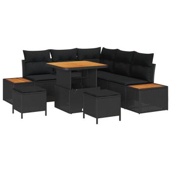 8-teiliges Garten-Sofa-Set mit Kissen Schwarz Poly-Rattan Akazie, 3-teiliges Garten-Essbereich-Set mit Kissen Schwarz Poly-Rattan Akazie