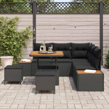 8-teiliges Garten-Sofa-Set mit Kissen Schwarz Poly-Rattan Akazie, 3-teiliges Garten-Essbereich-Set mit Kissen Schwarz Poly-Rattan Akazie