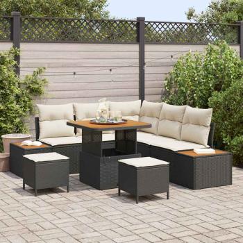 ARDEBO.de - 8-teiliges Garten-Sofa-Set mit Kissen Schwarz Poly-Rattan Akazie, 3-teiliges Garten-Esszimmer-Set mit Kissen Schwarz Poly-Rattan Akazie