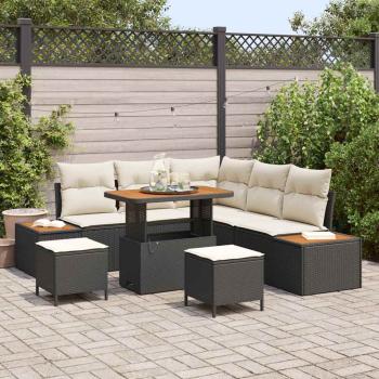ARDEBO.de - 8-teiliges Garten Sofa Set mit Kissen Schwarz Poly Rattan Akazie, 3-teiliges Garten Essset mit Kissen Schwarz Poly Rattan Akazie